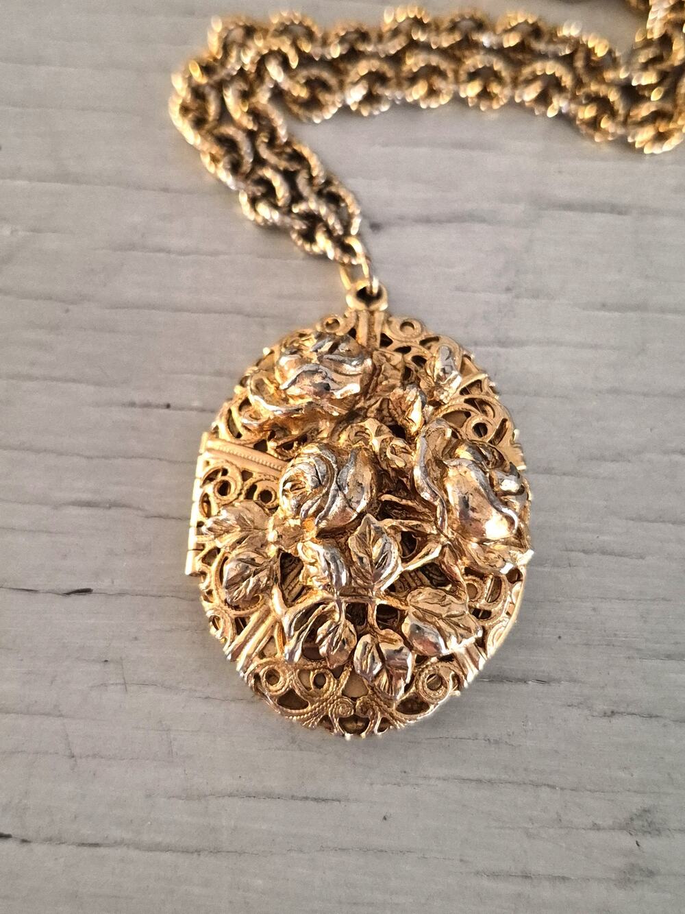 Vintage Ornate Roses Filigree Locket Necklace